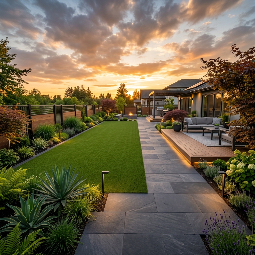 Stunning modern backyard landscape designed by Urban Landscaping at sunset